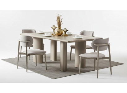 Mesa elegante bege com pernas de madeira e 4 cadeiras de tecido