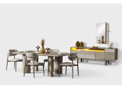 Conjunto de mesa de jantar de madeira bege elegante com cadeiras e console