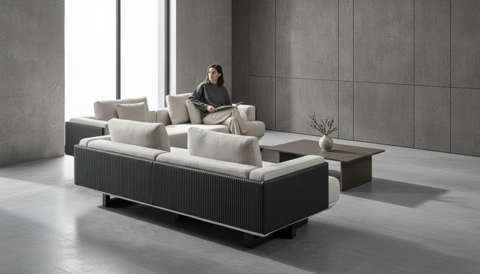 Conjunto de móveis de tecido marrom com mesa e bancos
