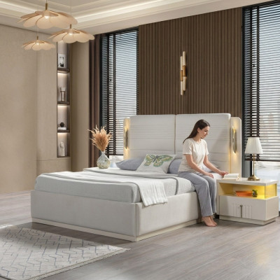 Conjunto de cama elegante com estofamento e 3 mesas de cabeceira, conjunto de 3 peças