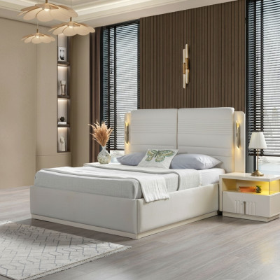 Conjunto de cama elegante com estofamento e 3 mesas de cabeceira, conjunto de 3 peças