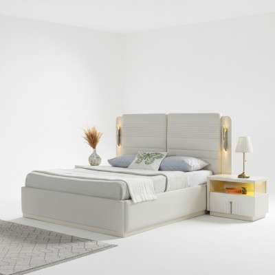 Conjunto de cama elegante com estofamento e 3 mesas de cabeceira, conjunto de 3 peças