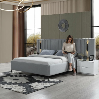 Conjunto de móveis de quarto com cama e 2 mesas de cabeceira modernas