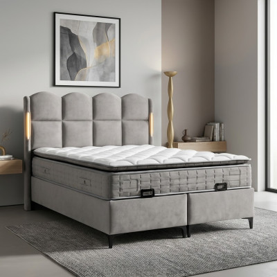 Estrutura de cama cinza com colchão de tecido e madeira, design moderno