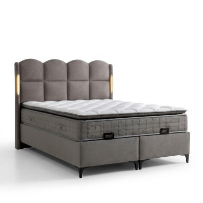 Estrutura de cama cinza com colchão de tecido e madeira, design moderno