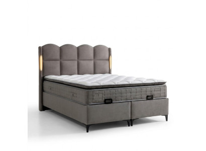 Estrutura de cama cinza com colchão de tecido e madeira, design moderno