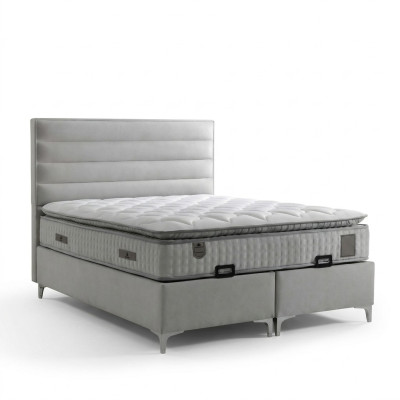Cama de tecido cinza moderna com colchão elegante