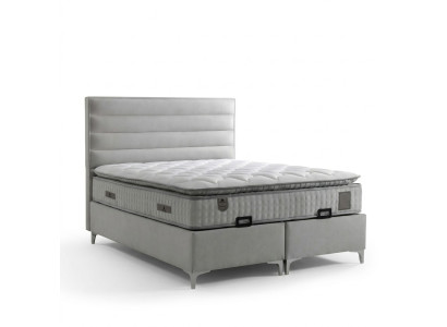 Cama de tecido cinza moderna com colchão elegante
