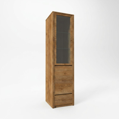 Armário vitrine elegante, cozinha, com prateleiras de vidro e gaveta