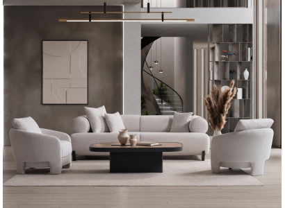 Wohnzimmer Sofa Set Weiß Stoff Holz 3-Sitzer 2x Sessel Modern Set