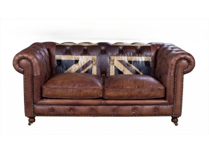 Vintage British Jack Union Antikbraun Leder 2-Sitzer Sofa Chesterfield