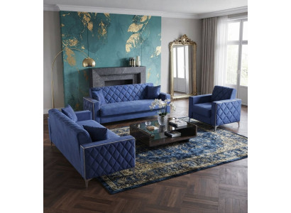 Wohnzimmer-Set Rautenförmigem Muster 2x Schlafsofa Schlafsessel Blau