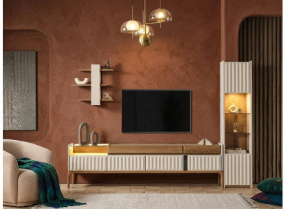 Wohnzimmer Set Weiß TV Lowboard Vitrine Bücherregal Regal