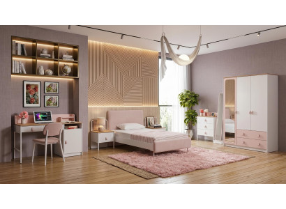 Weiß-rosa Jugendzimmer Bett Nachttische Kommode Kleiderschrank Schreibtisch