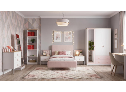 Weiß-rosa Jugendzimmer Bett Nachttische Kleiderschrank Kommode Bücherregal