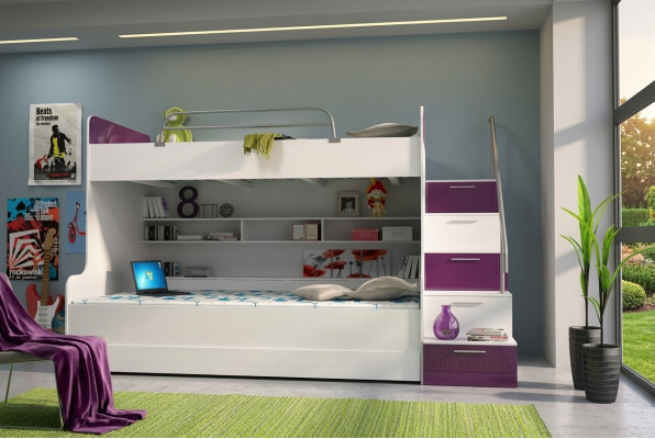 Doppelstockbett Etagenbett Bett Kinderbett Jugendbett Hochbett Neu Violett/Weiß