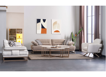 Weiß-Beige Wohnzimmer Couchgarnitur Robuster 3-Sitzer Couchtisch 6tlg
