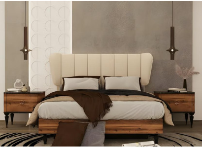 Schlafzimmermöbel Doppelbett Nachttische Stoff Holz Braun Bett 3tlg