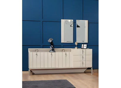 Anrichte mit Spiegel Schrank Holzcshrank Holz Sideboard Beige Kommode