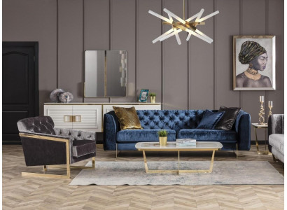 Modernes Wohnzimmer Set aus Textil in Blau-Grau
