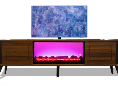 Dunkelbraunes Holz TV-Lowboard mit Kamin und Bluetooth Steuerung