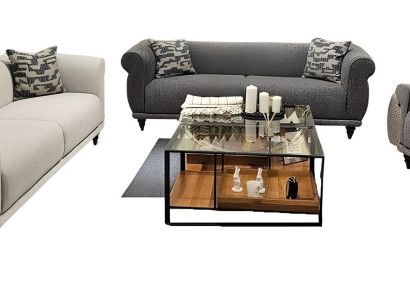 Dreiteiliges Wohnzimmer-Set 2x 3-Sitzer + Sessel in Grau.